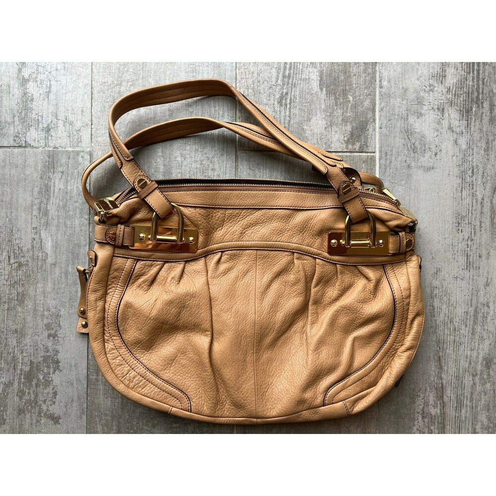 B. Makowsky Designer Leather Purse Handbag Tote Satchel Shoulder Bag Tan Camel